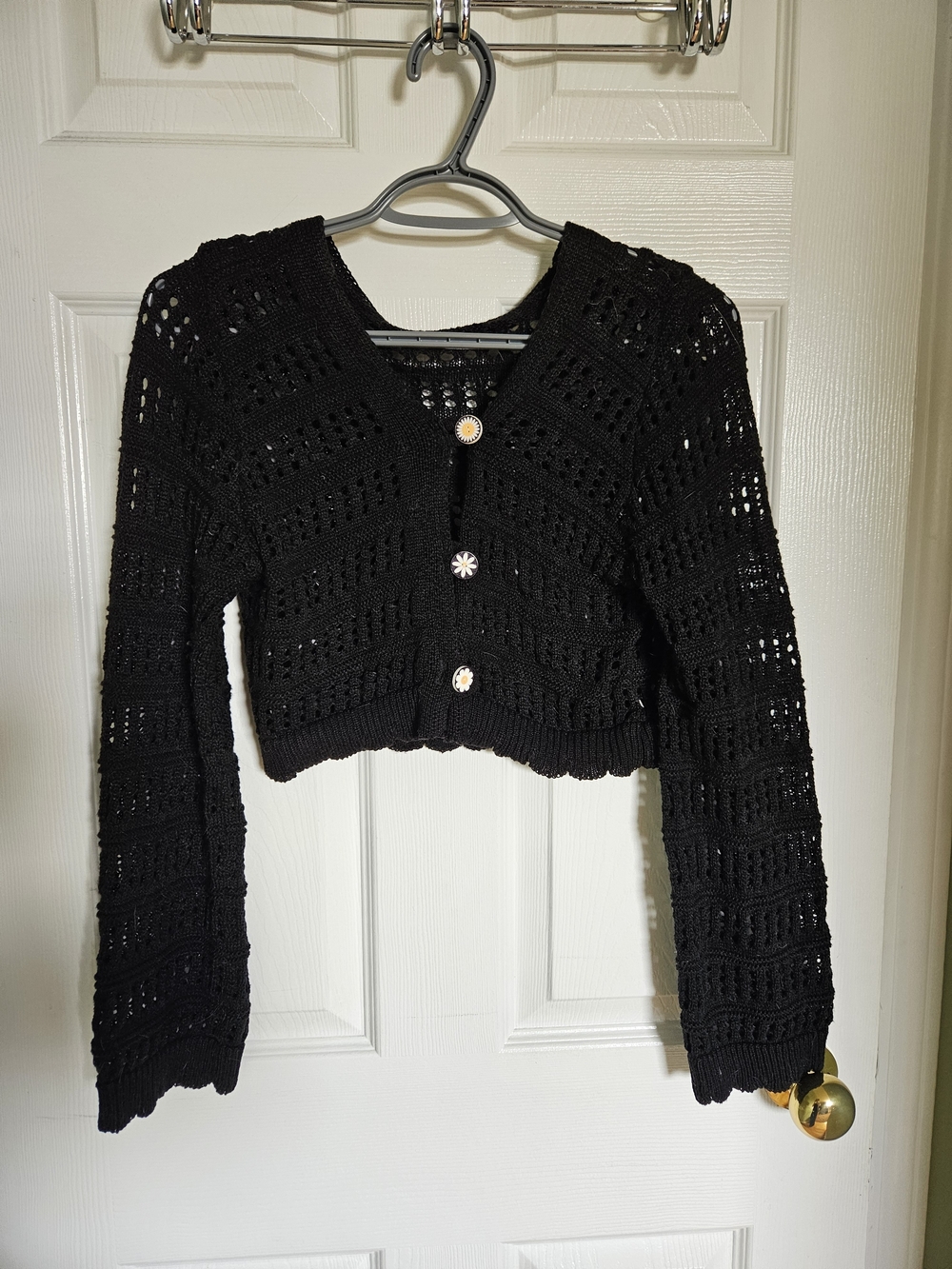 Black Cropped Open-Knit Cardigan with Decorative Buttons - Women